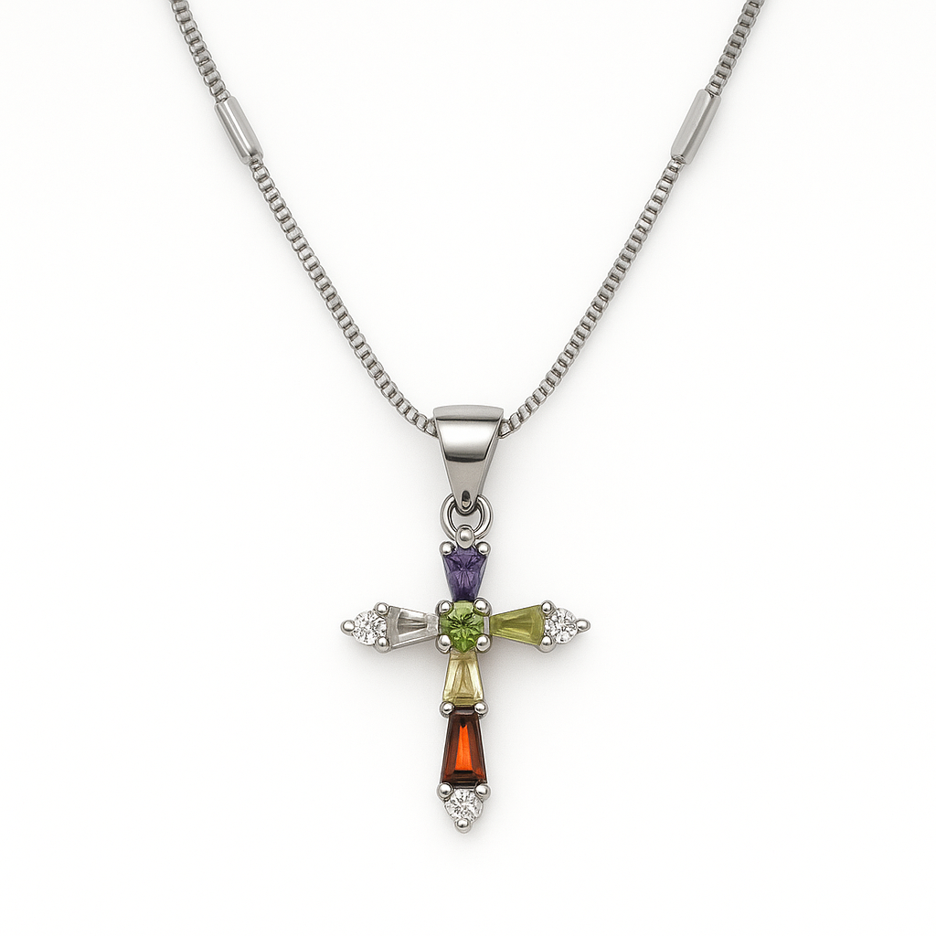 Collier croix multicolore argenté