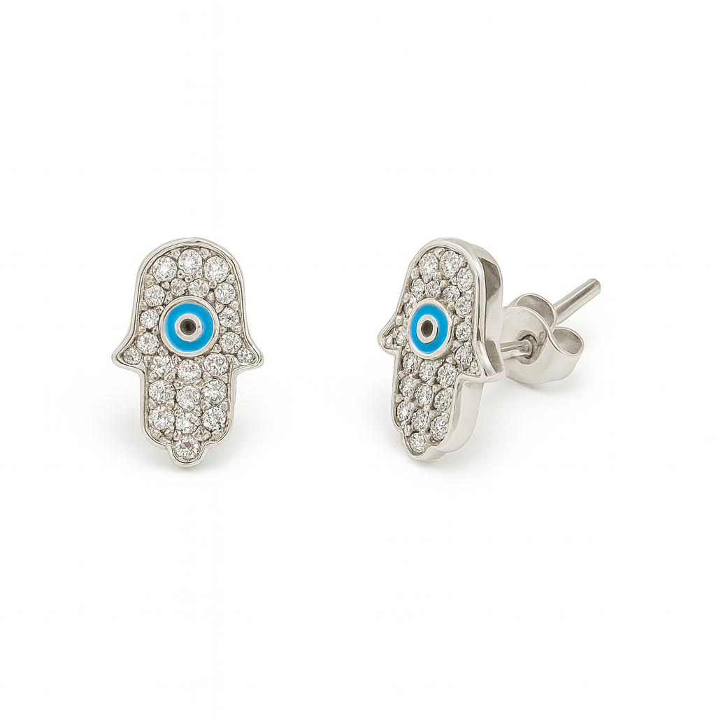 Silver Hamsa Earrings with Blue Eye