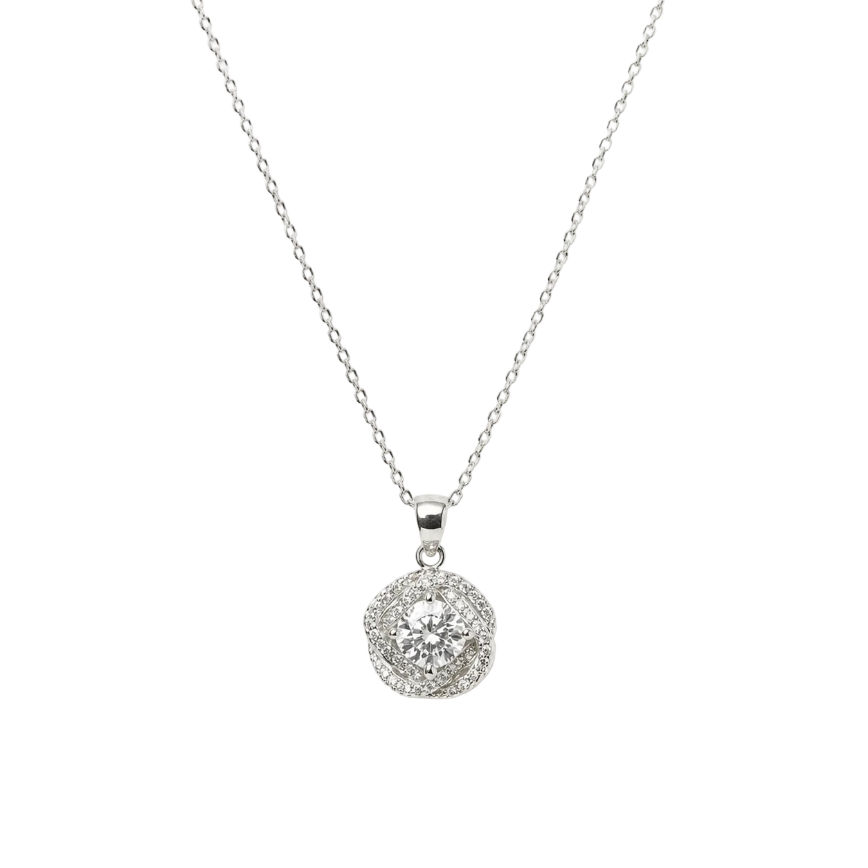 Classic Solitaire Halo Pendant Necklace – Sterling Silver