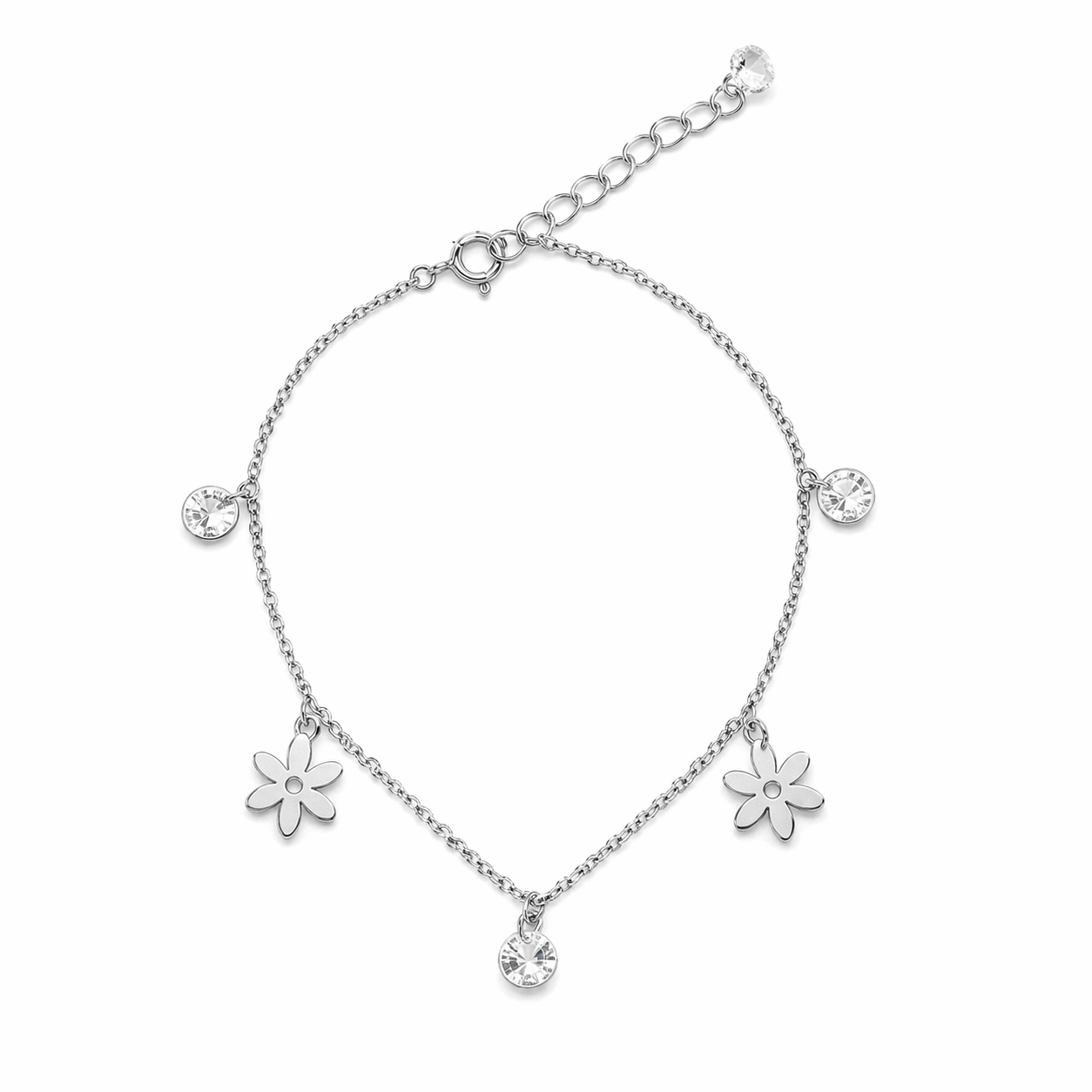 Sterling Silver Flower Charm Bracelet with Crystal Drops