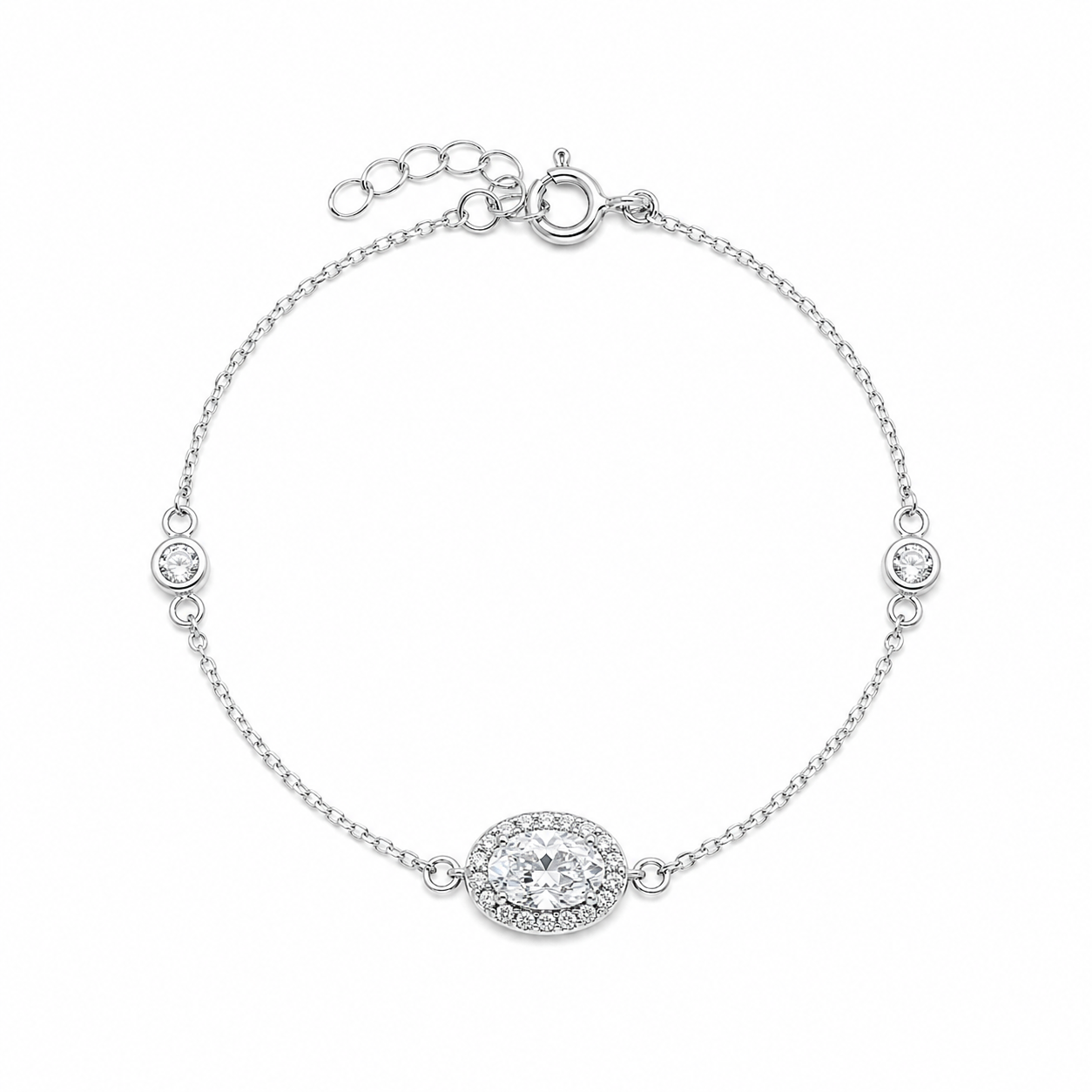 Sterling Silver Oval Crystal Bracelet with Halo Detail