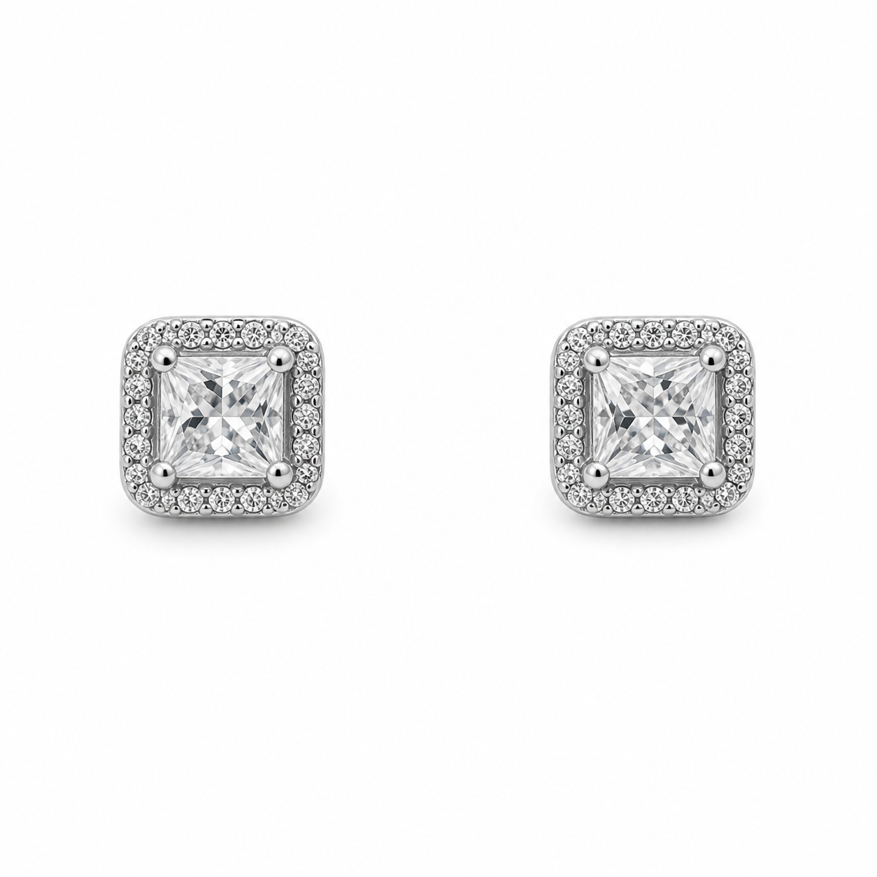 Sterling Silver Princess Cut Halo Stud Earrings