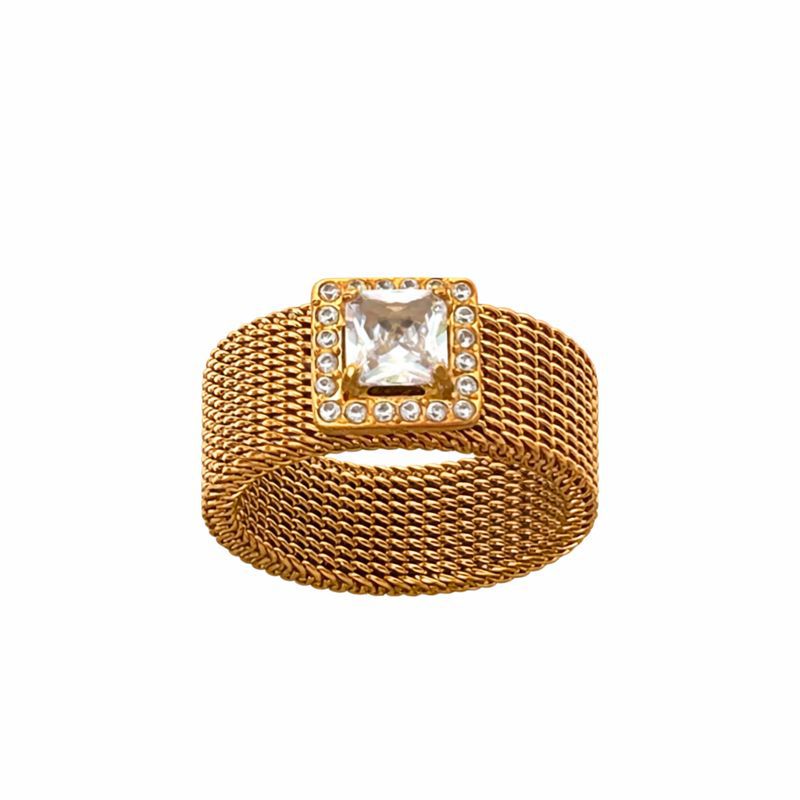 Gold Mesh Square Crystal Ring