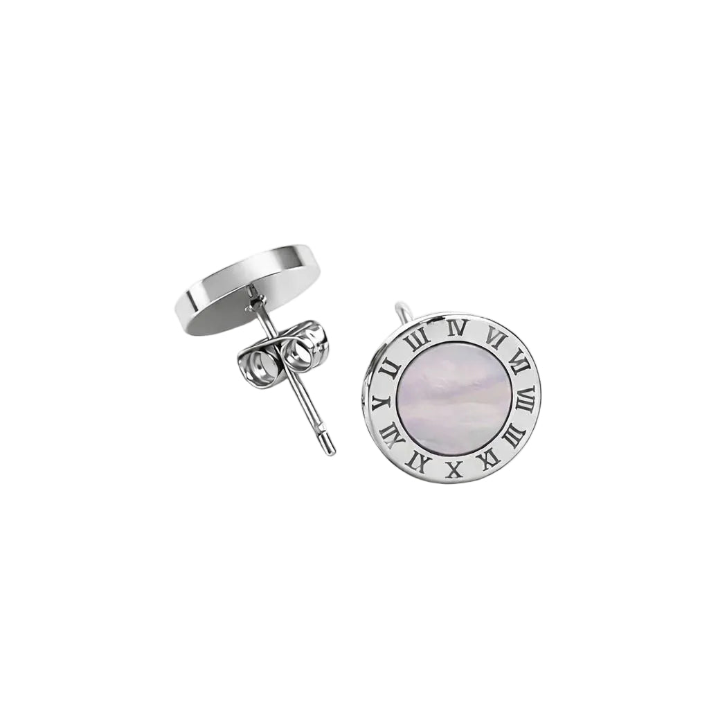 Silver Roman Numeral Mother-of-Pearl Stud Earrings