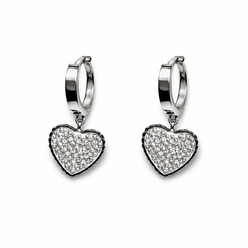 Silver Crystal Heart Hoop Earrings