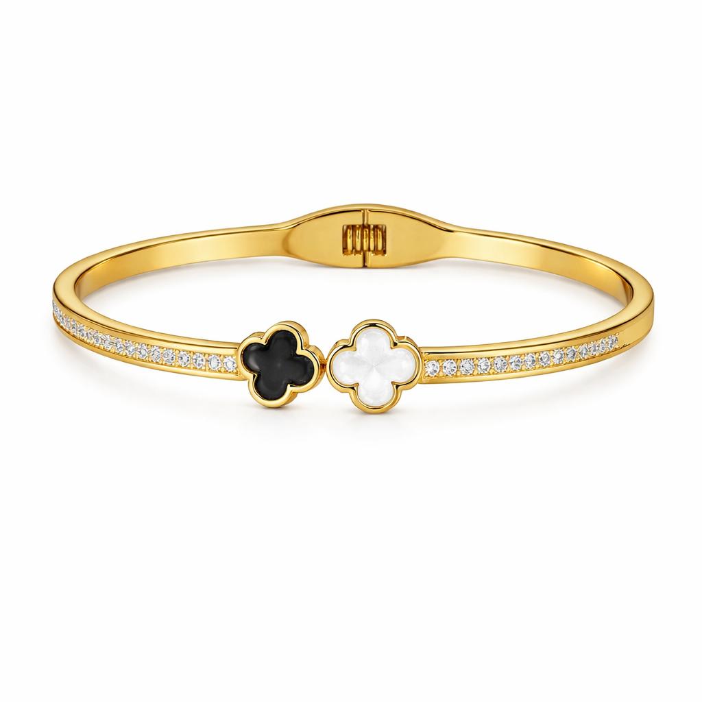 Stainless Steel Gold Clover Crystal Bangle