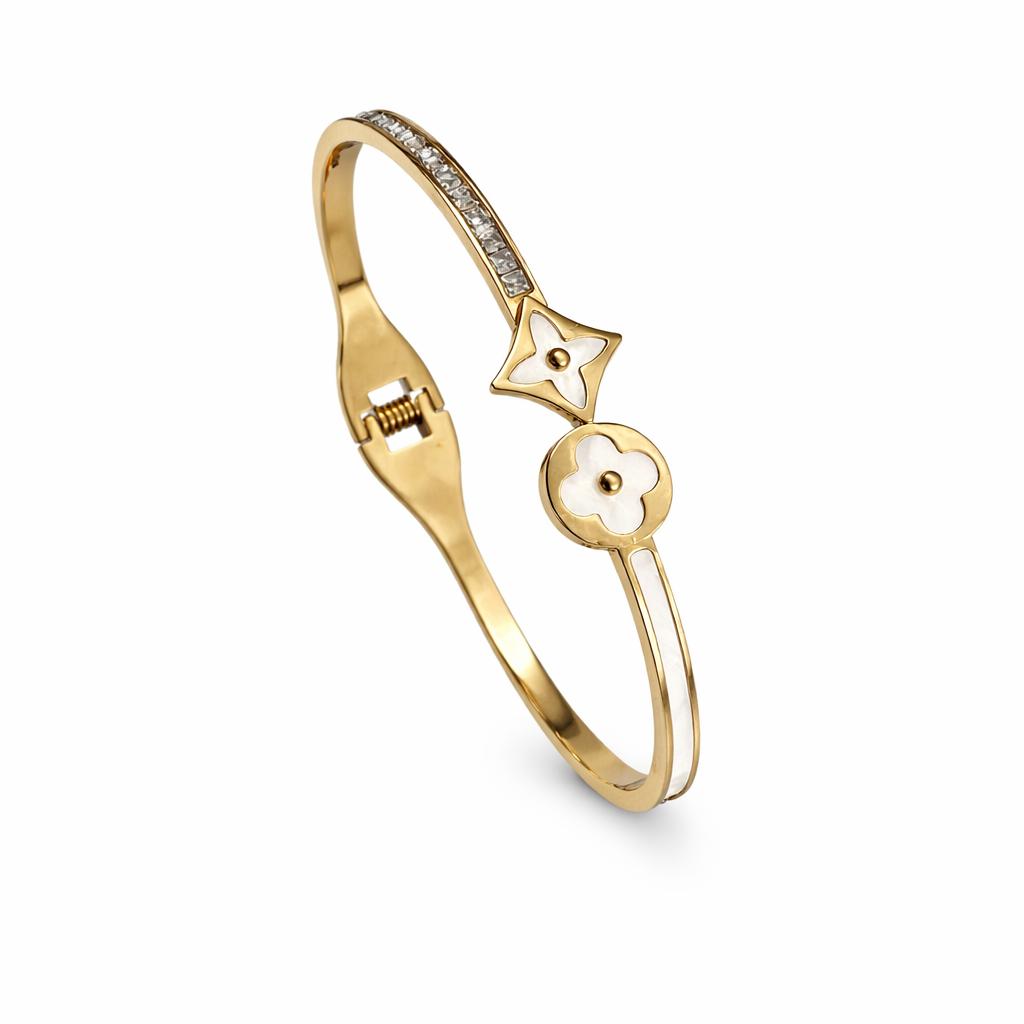 Gold Stainless Steel Floral Charm Bangle