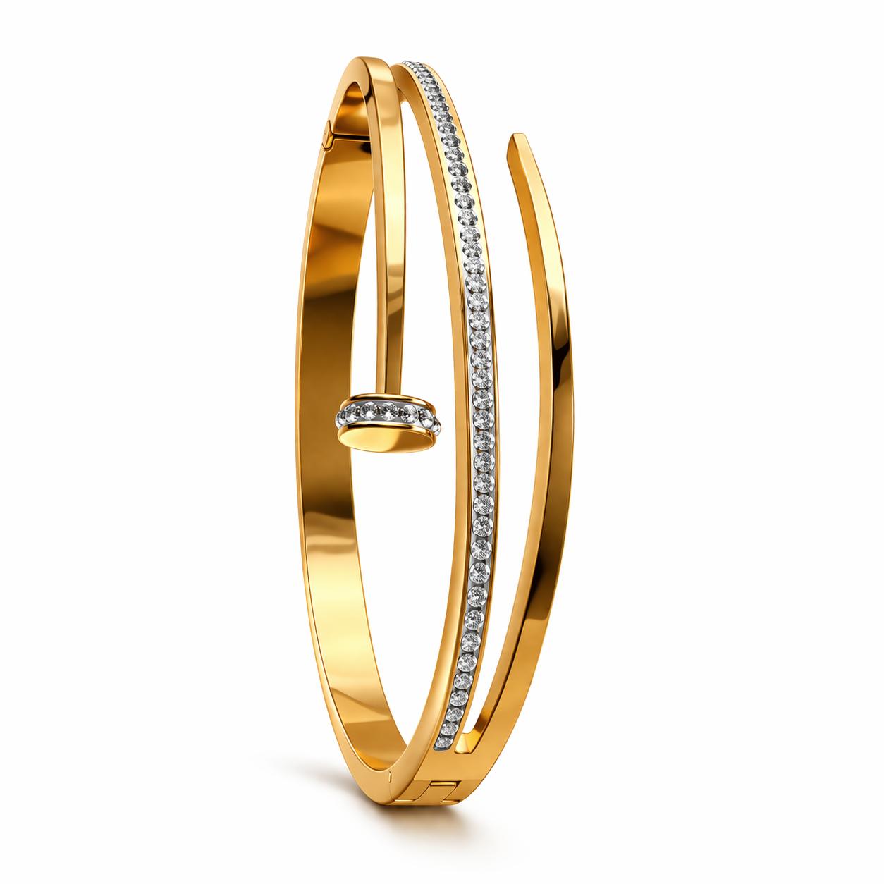 Luxury Gold Stainless Steel Nail Bangle with Crystal Accents