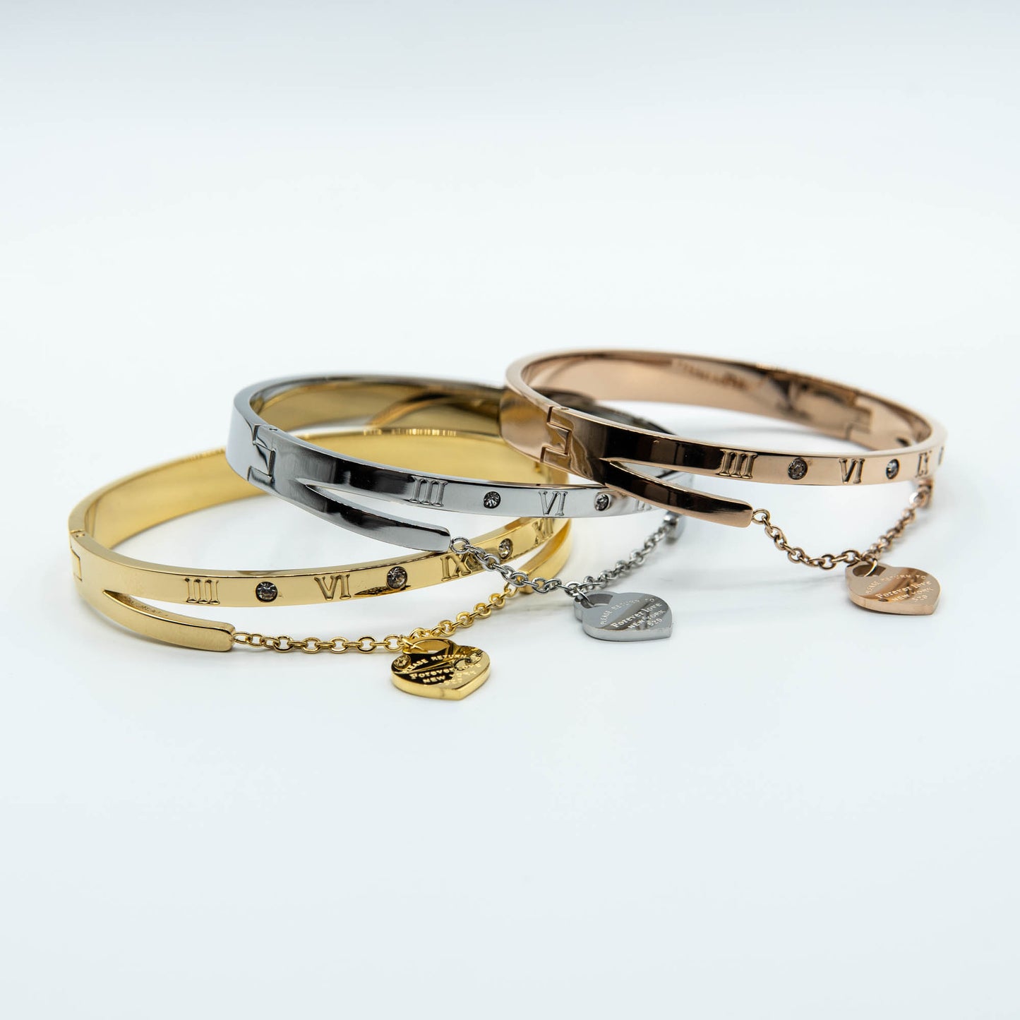 stainless steel bangle with chain and pending heart