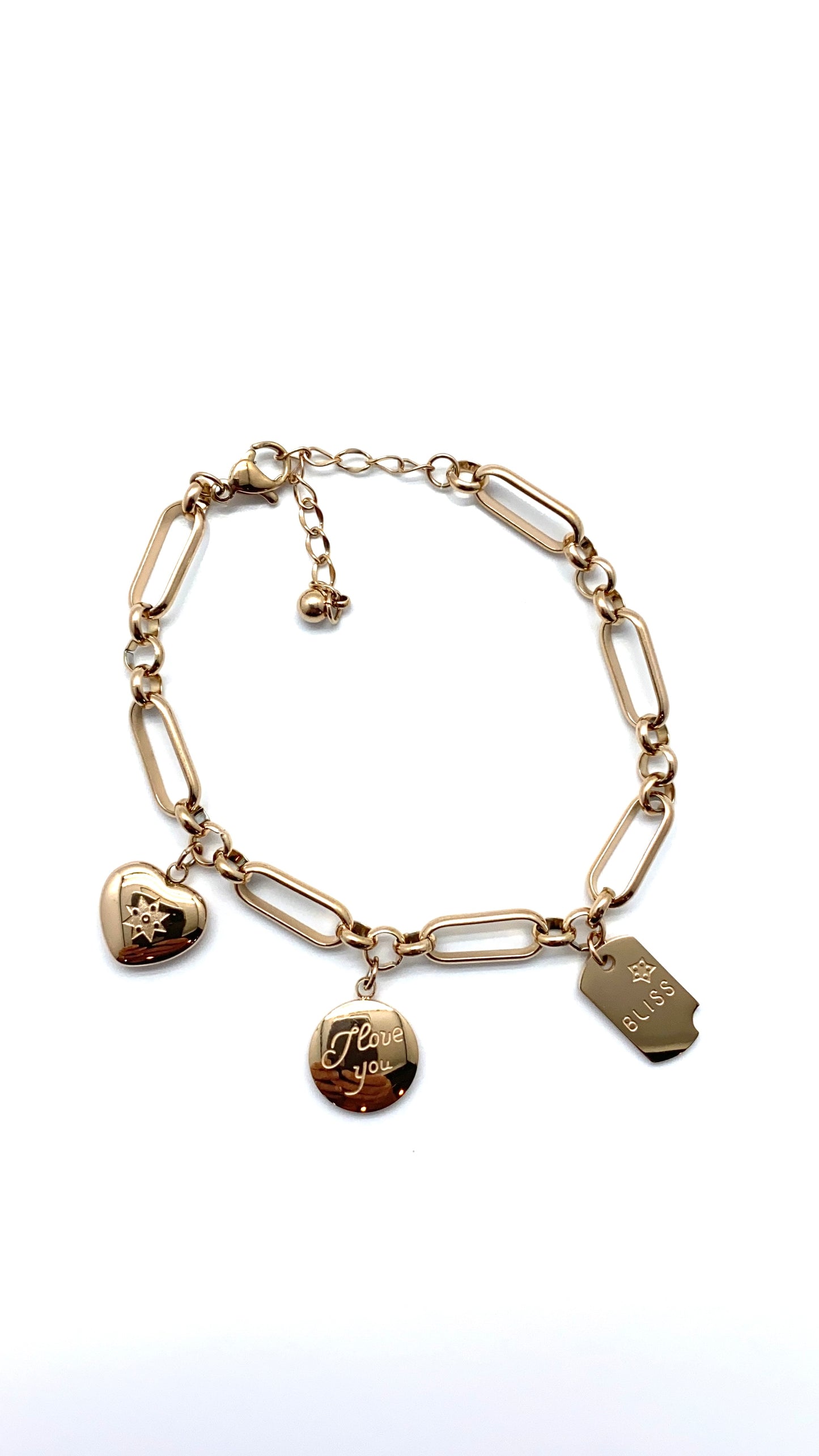 Stainless steel charm bracelet.