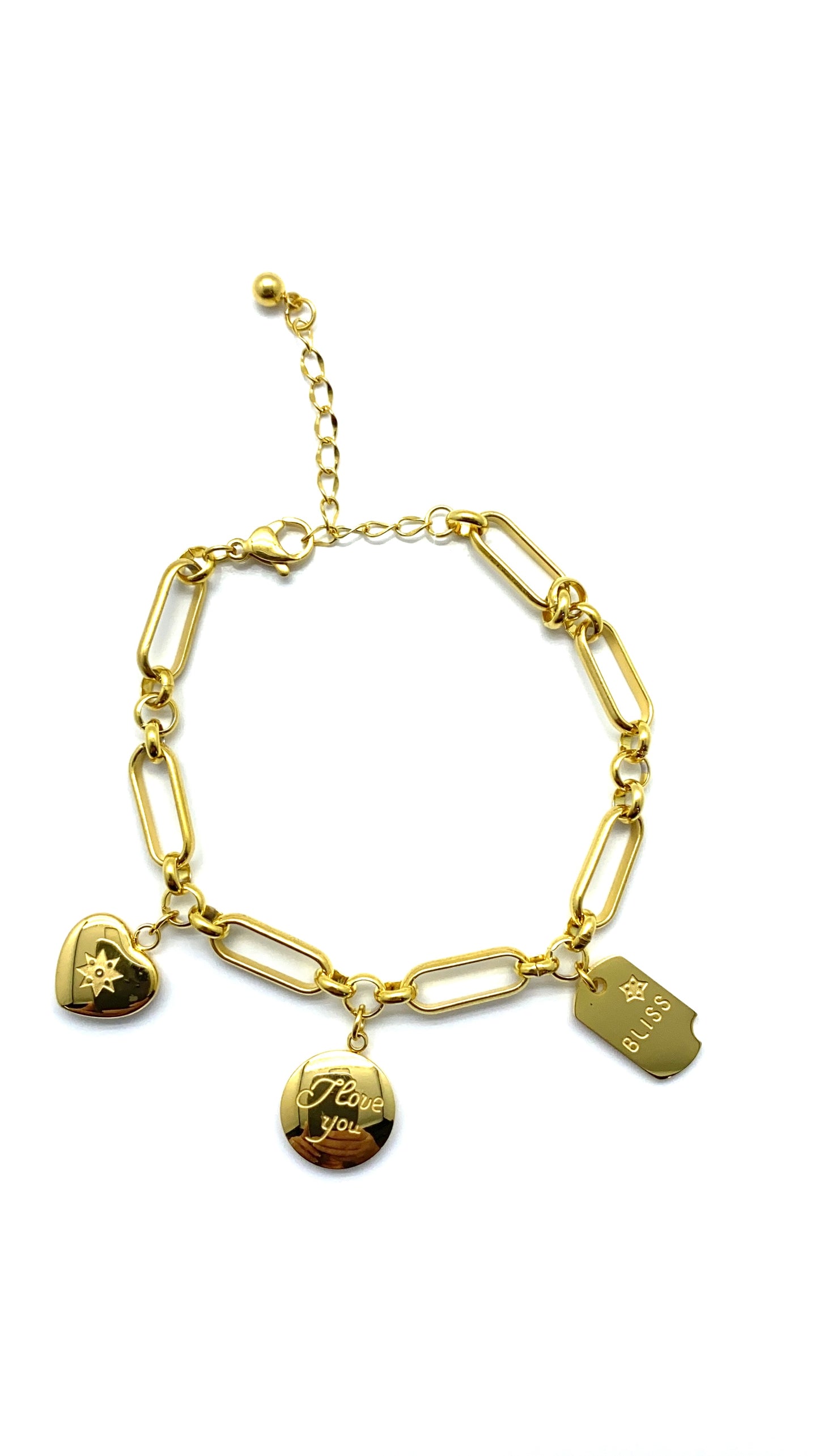 Stainless steel charm bracelet.