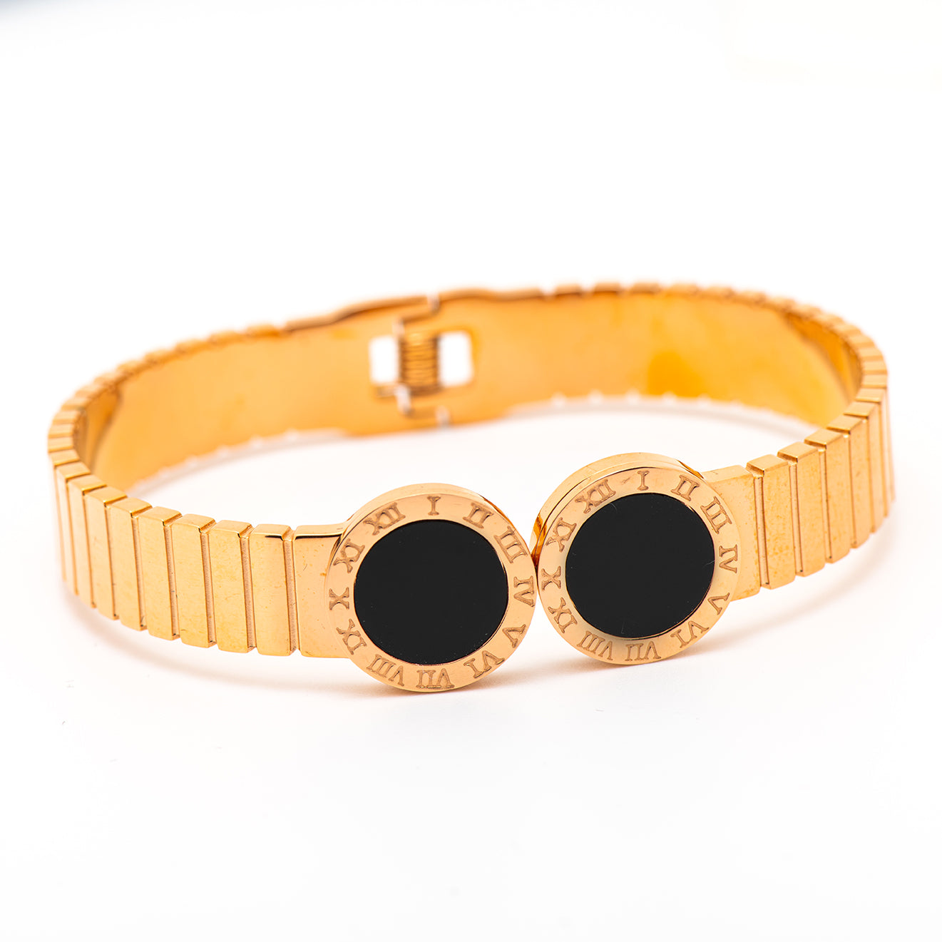 wide stainless steel bangle with black Mop