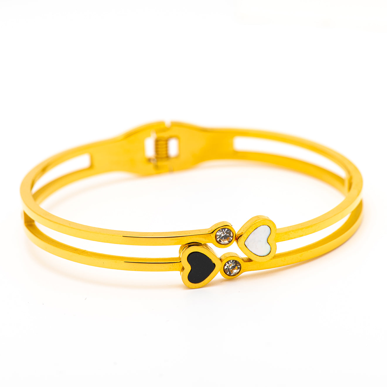 stainless steel bangle with 2 hearts.