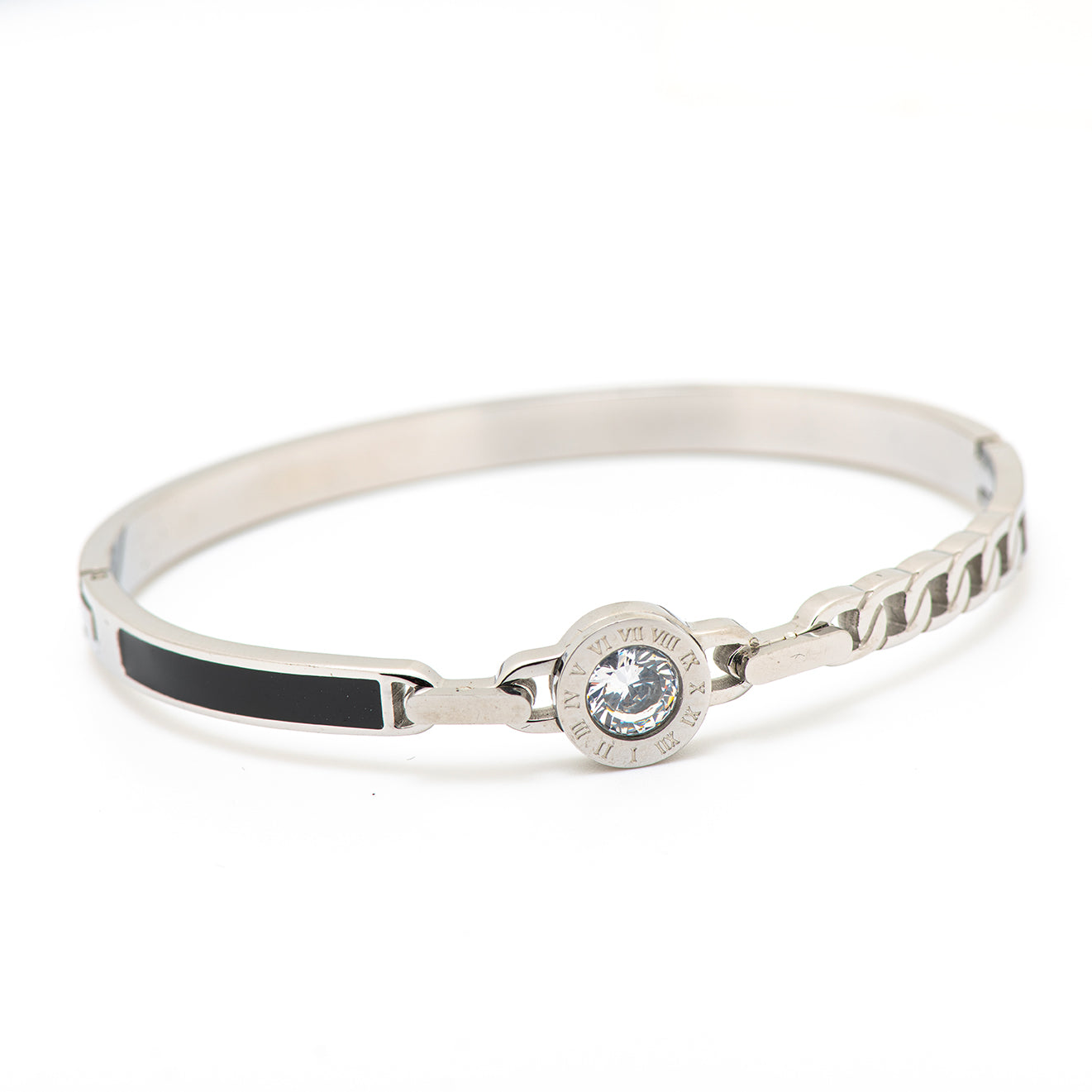 stainless steel bangle with black Mop and Chain.