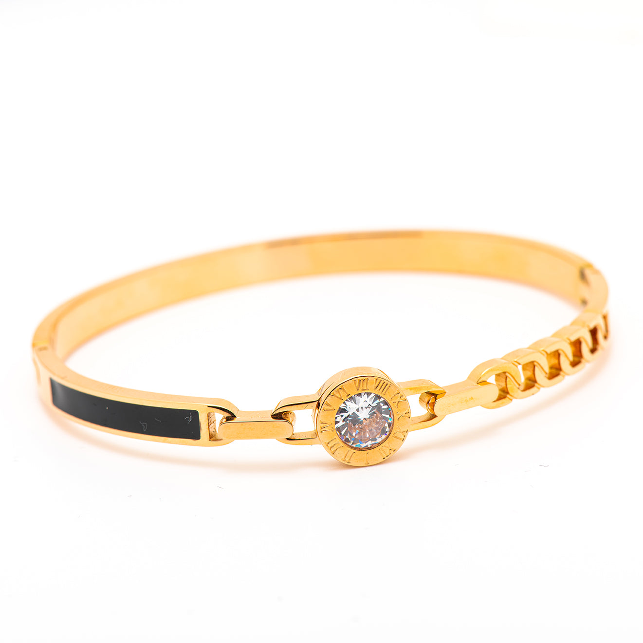 stainless steel bangle with black Mop and Chain.