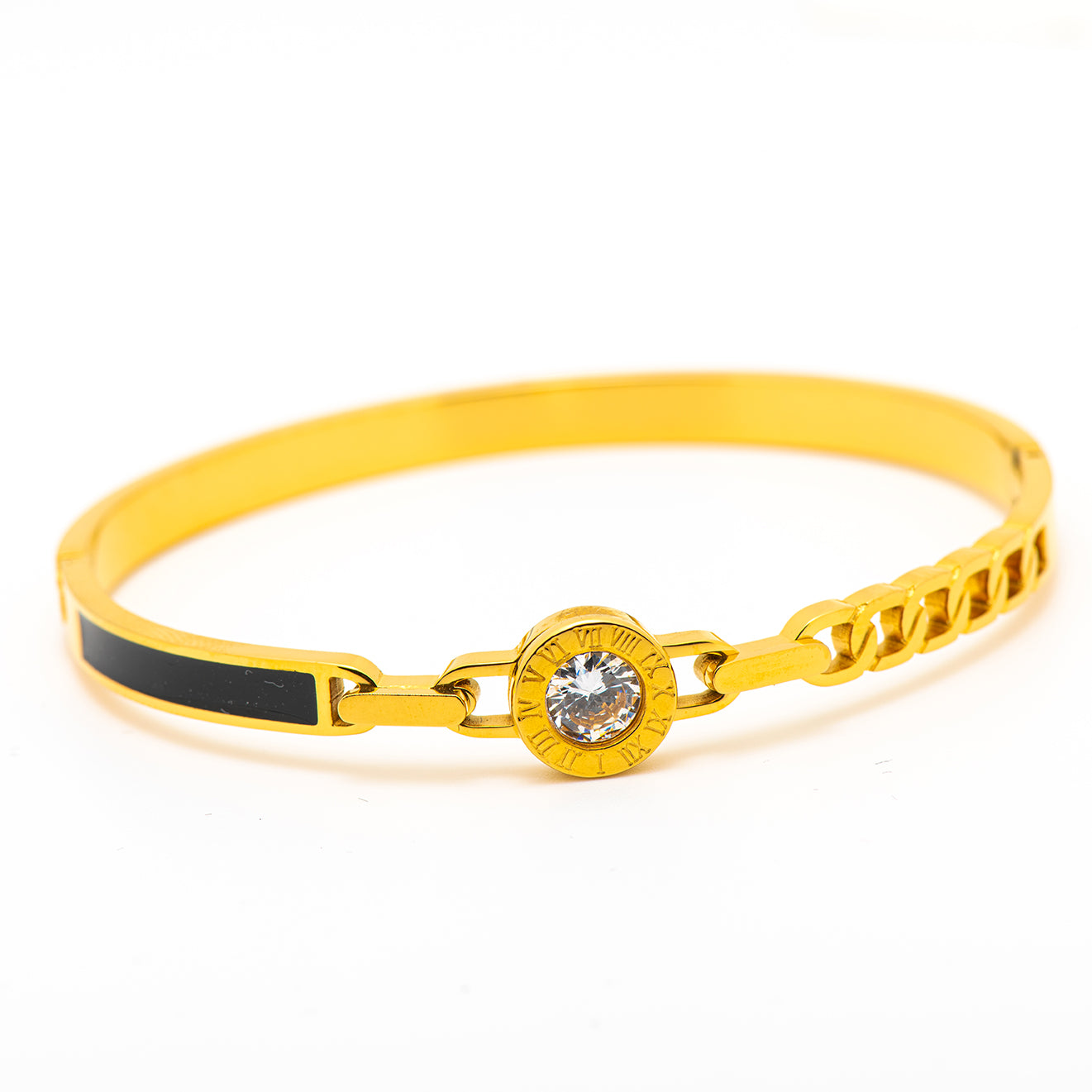 stainless steel bangle with black Mop and Chain.