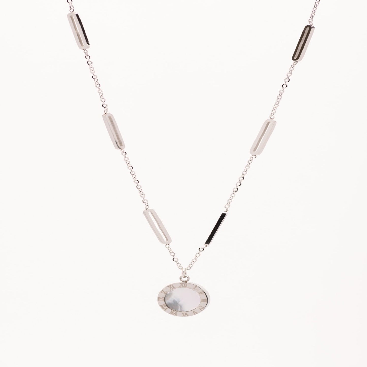 stainless steel link chain with mother of pearl pendent