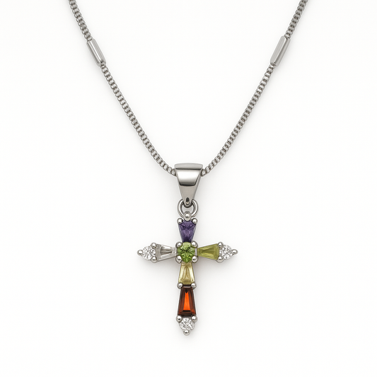 Collier croix multicolore argenté