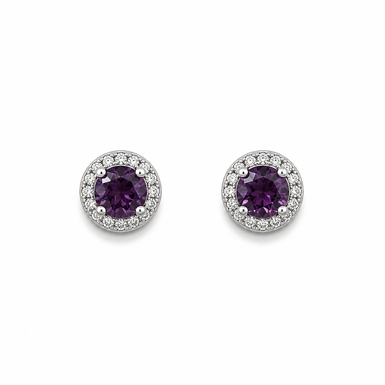 Sterling Silver Purple CZ Halo Stud Earrings