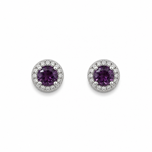 Sterling Silver Purple CZ Halo Stud Earrings