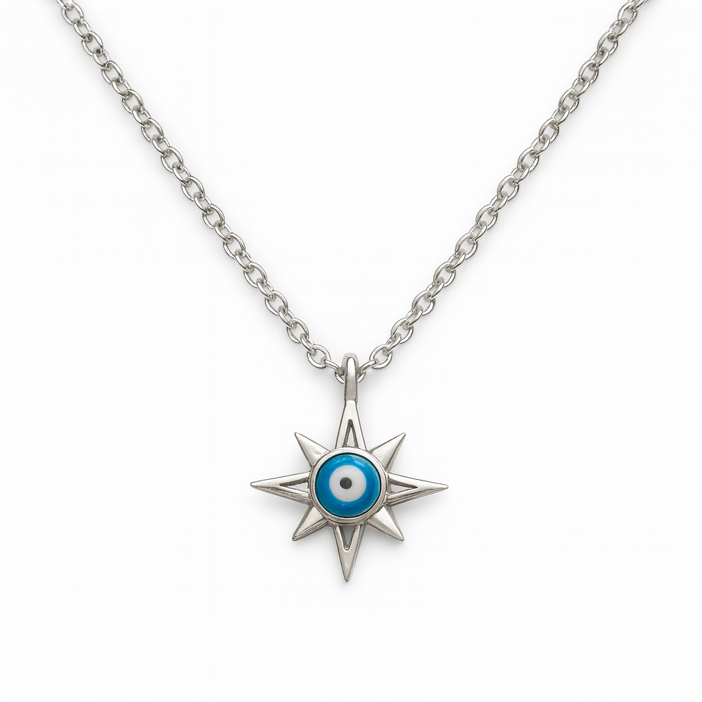 Blue Evil Eye Compass Star Necklace