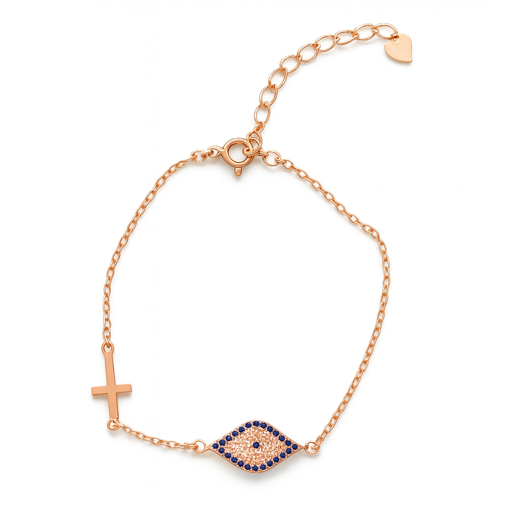 Rose gold cross and eye bracelet