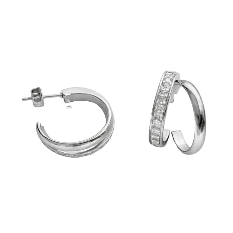 Silver Hoop Earrings with Crystal Accent – Stainless Steel