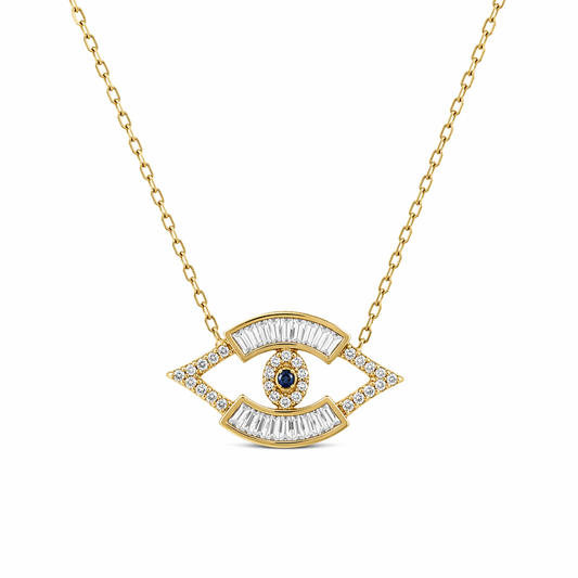 Evil Eye Pendant Necklace – Sterling Silver Gold Finish with Blue Stone