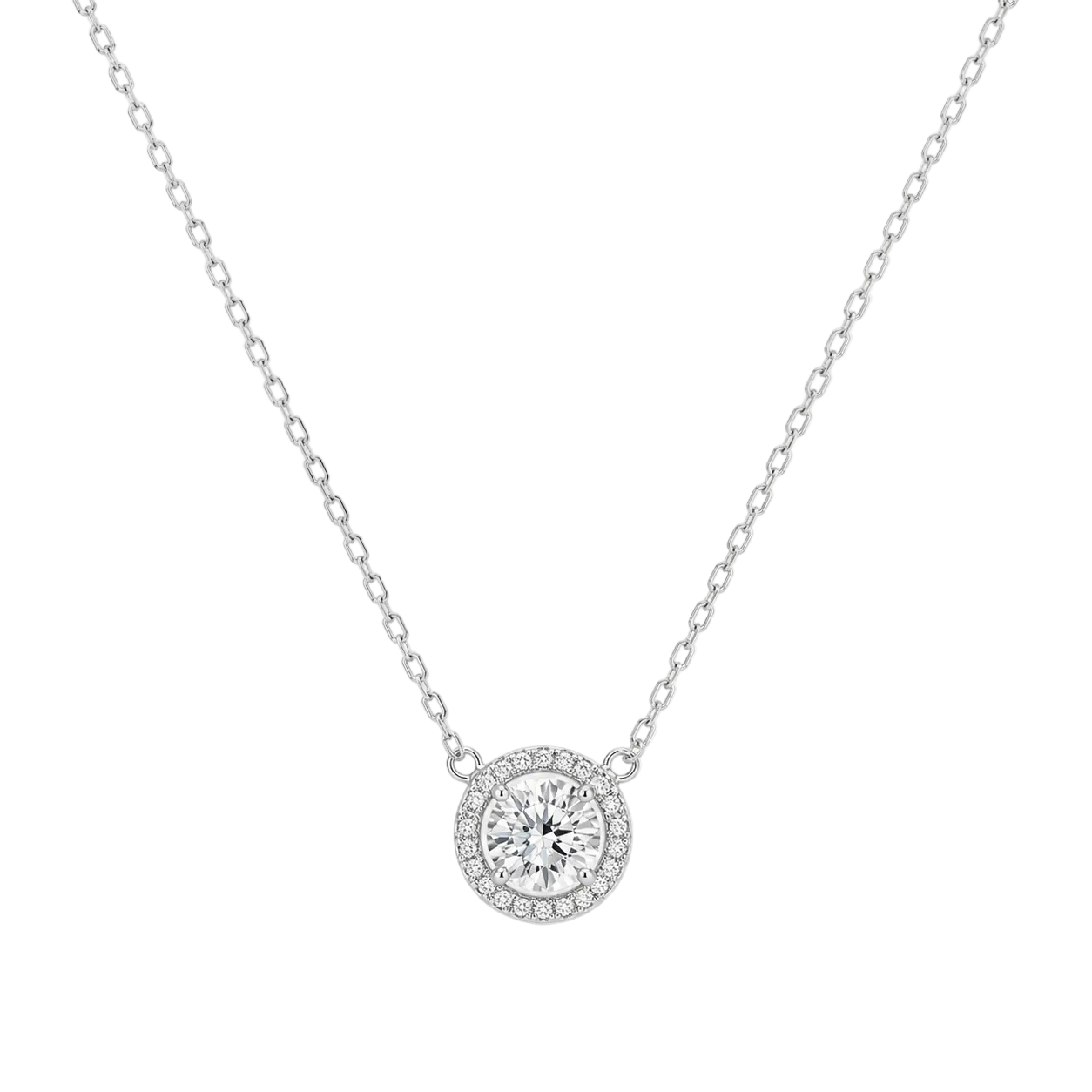 Round Solitaire Halo Necklace – Sterling Silver