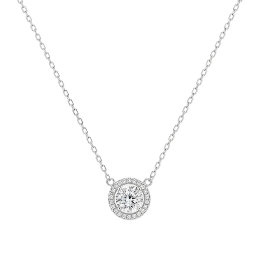 Round Solitaire Halo Necklace – Sterling Silver