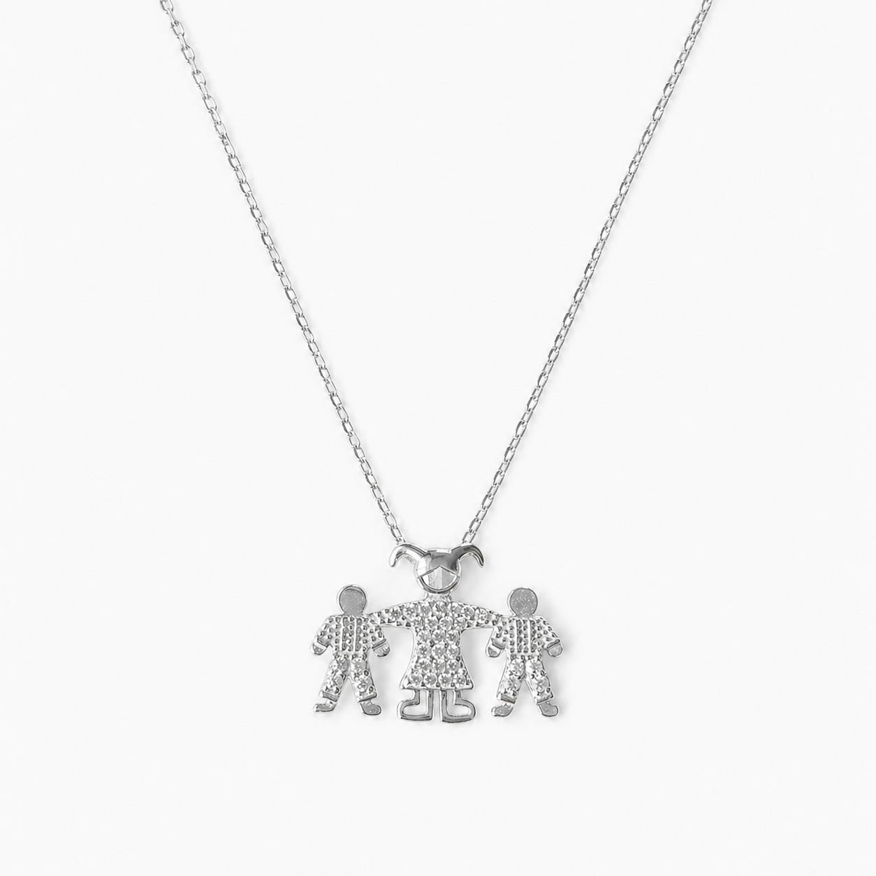 Sterling Silver Family Pendant Necklace – Mother & Two Children with Crystal Detail