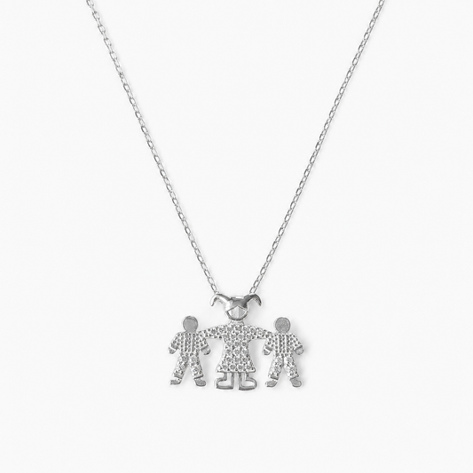 Sterling Silver Family Pendant Necklace – Mother & Two Children with Crystal Detail