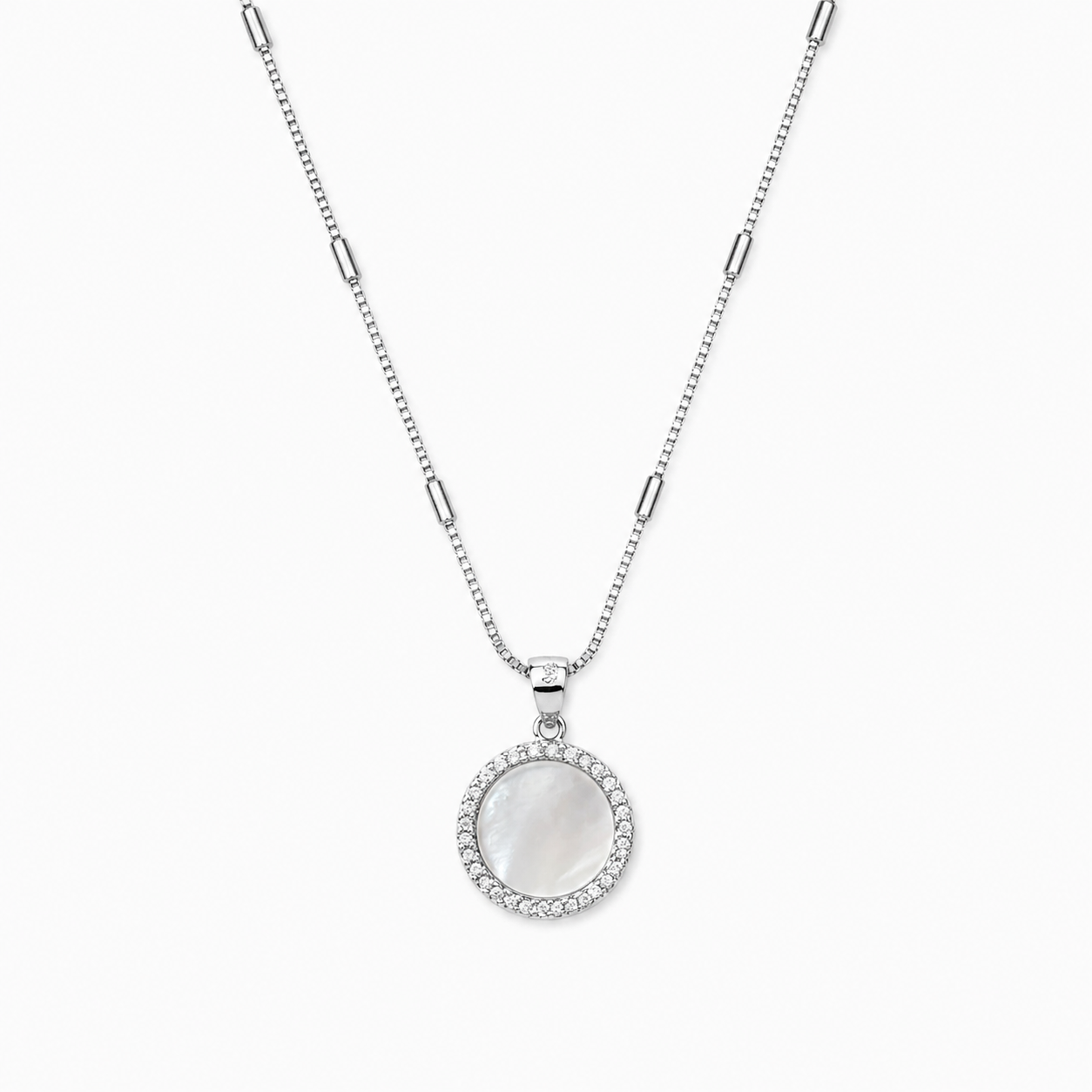 Sterling Silver Round Pendant Necklace with Mother of Pearl & Crystal Halo