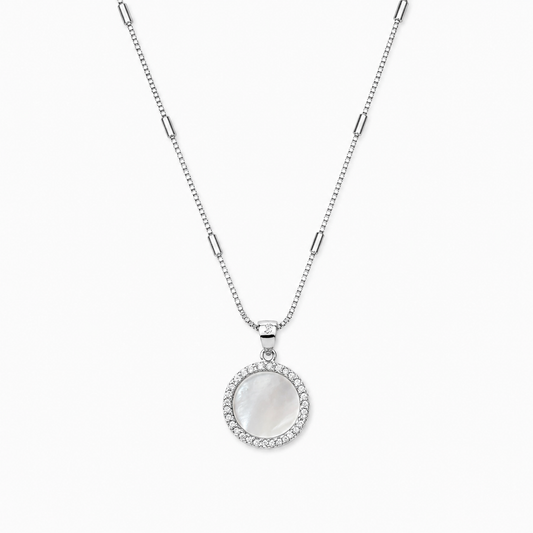 Sterling Silver Round Pendant Necklace with Mother of Pearl & Crystal Halo