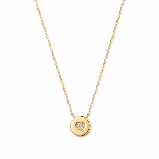Sterling Silver Gold-Plated Heart Disc Pendant Necklace with Crystal Detail