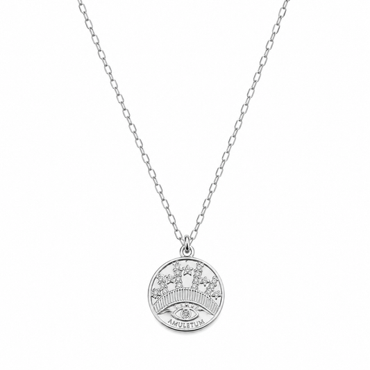 Sterling Silver Amulet Pendant Necklace with Crown & Eye Symbol