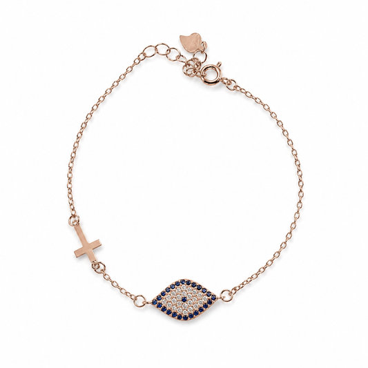 Sterling Silver Gold-Plated Evil Eye Bracelet with Cross Charm
