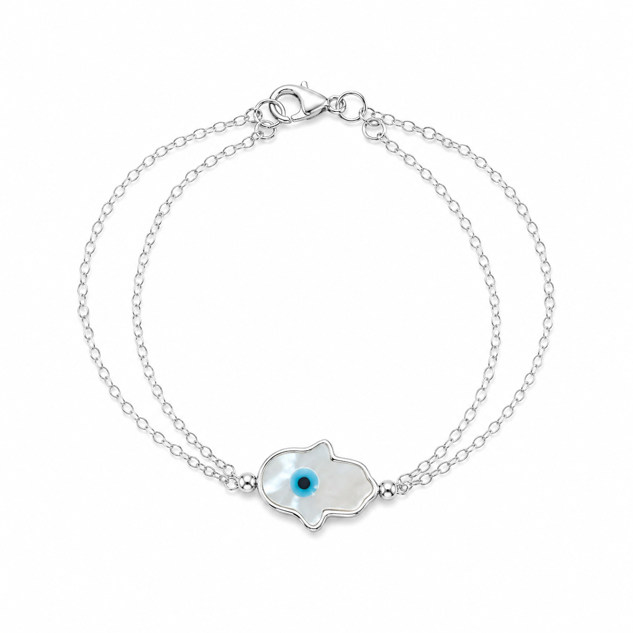 Sterling Silver Hamsa Hand Bracelet with Evil Eye & Mother of Pearl