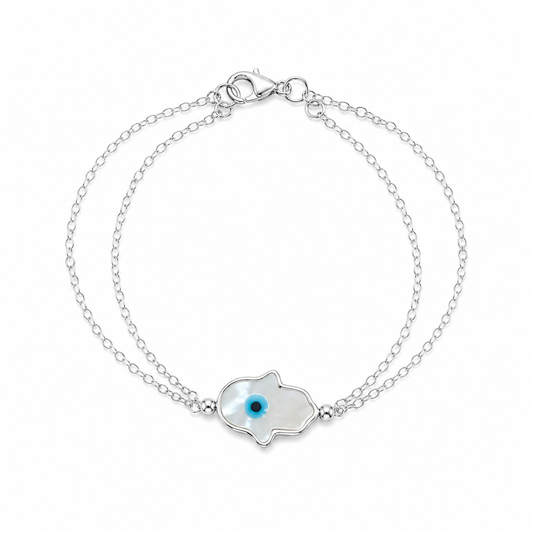 Sterling Silver Hamsa Hand Bracelet with Evil Eye & Mother of Pearl