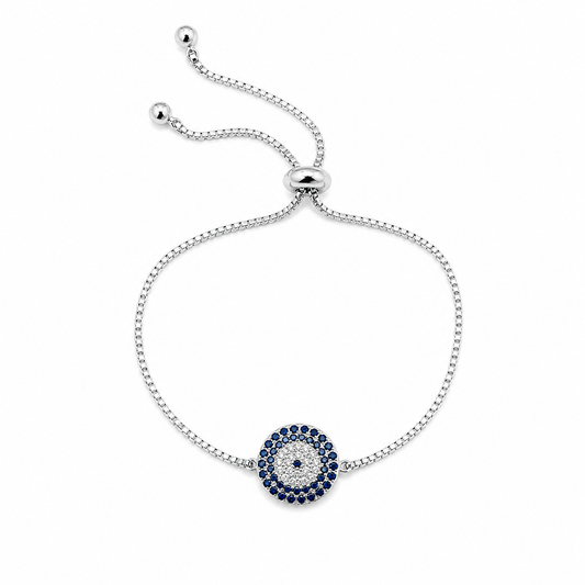 Sterling Silver Adjustable Evil Eye Bracelet with Blue Crystals