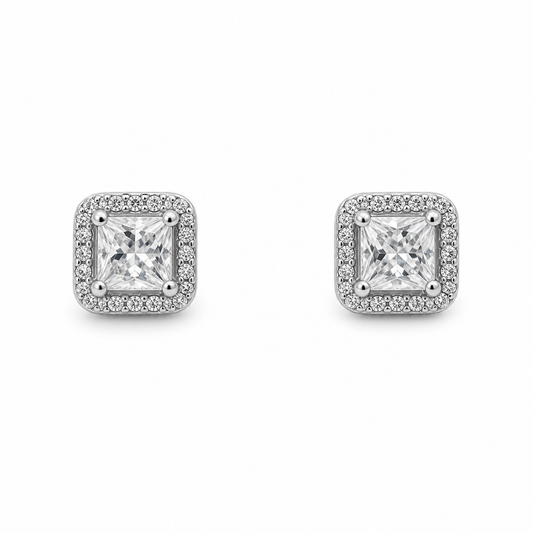 Sterling Silver Princess Cut Halo Stud Earrings