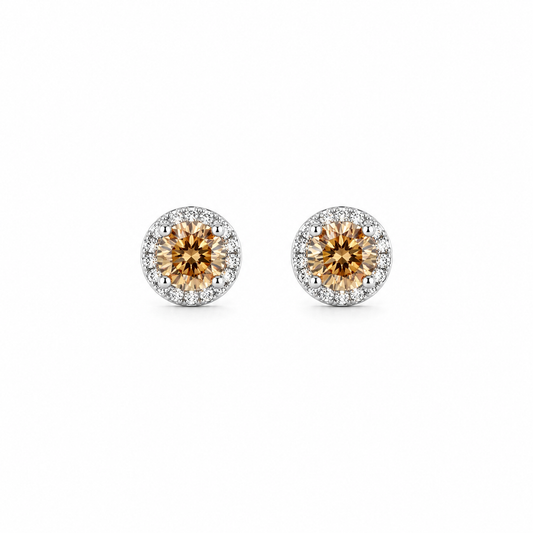 Sterling Silver Round Stud Earrings with Champagne Crystal & Halo