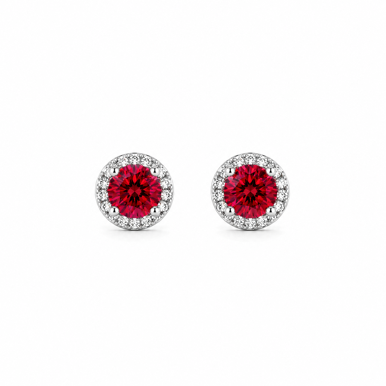 Sterling Silver Round Stud Earrings with Red Crystal & Halo