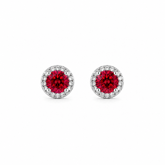 Sterling Silver Round Stud Earrings with Red Crystal & Halo