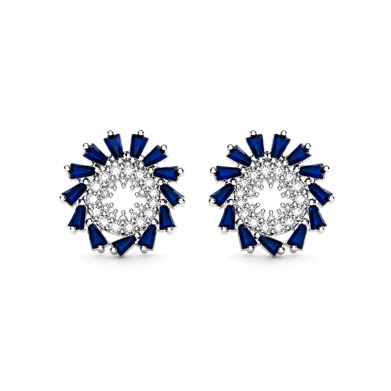 Sterling Silver Blue Crystal Floral Stud Earrings with Halo Design