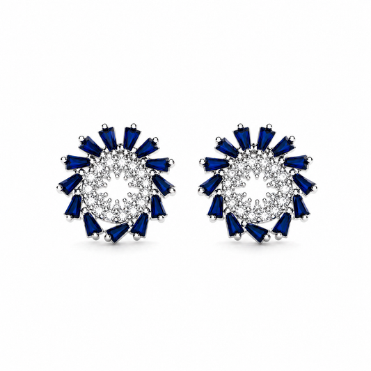 Sterling Silver Blue Crystal Floral Stud Earrings with Halo Design