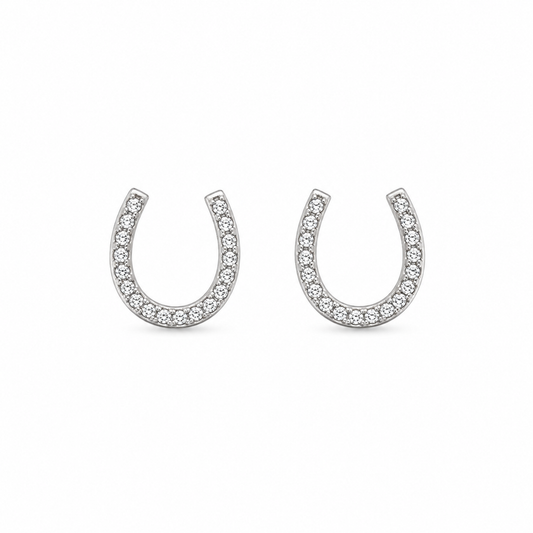Sterling Silver Horseshoe Stud Earrings with Crystal Detail