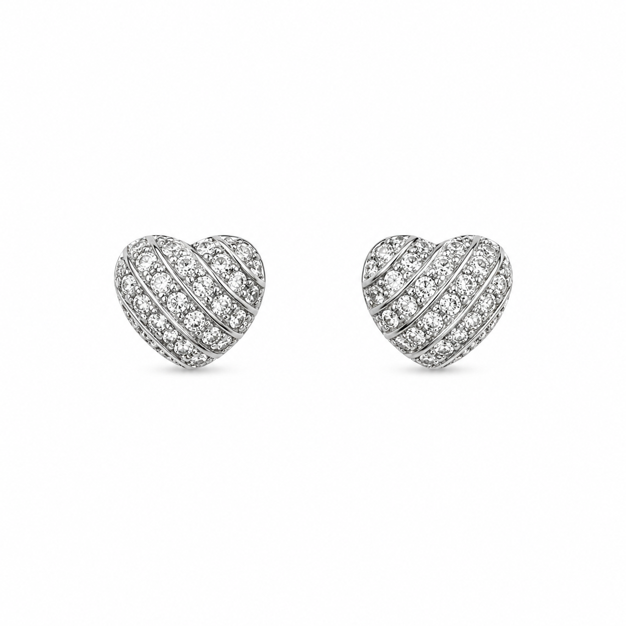 Sterling Silver Pave Heart Stud Earrings with Crystal Detail