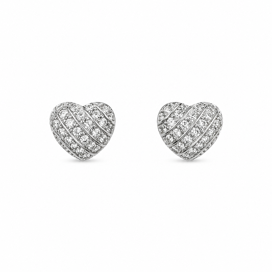 Sterling Silver Pave Heart Stud Earrings with Crystal Detail