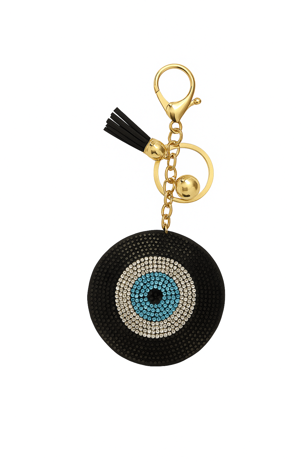 Evil Eye Rhinestone Keychain – Gold Accent with Black & Blue Charm